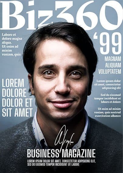 Man in a suit smiling on the cover of a mock-up magazine named "biz360 magazine" with placeholder text.